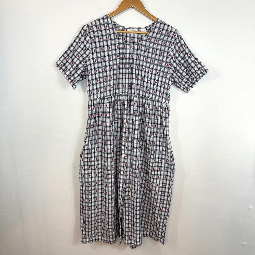 Vintage Go Softly Strawberry Plaid Midi Dress 9 Cotton Cottagecore Twee 90s